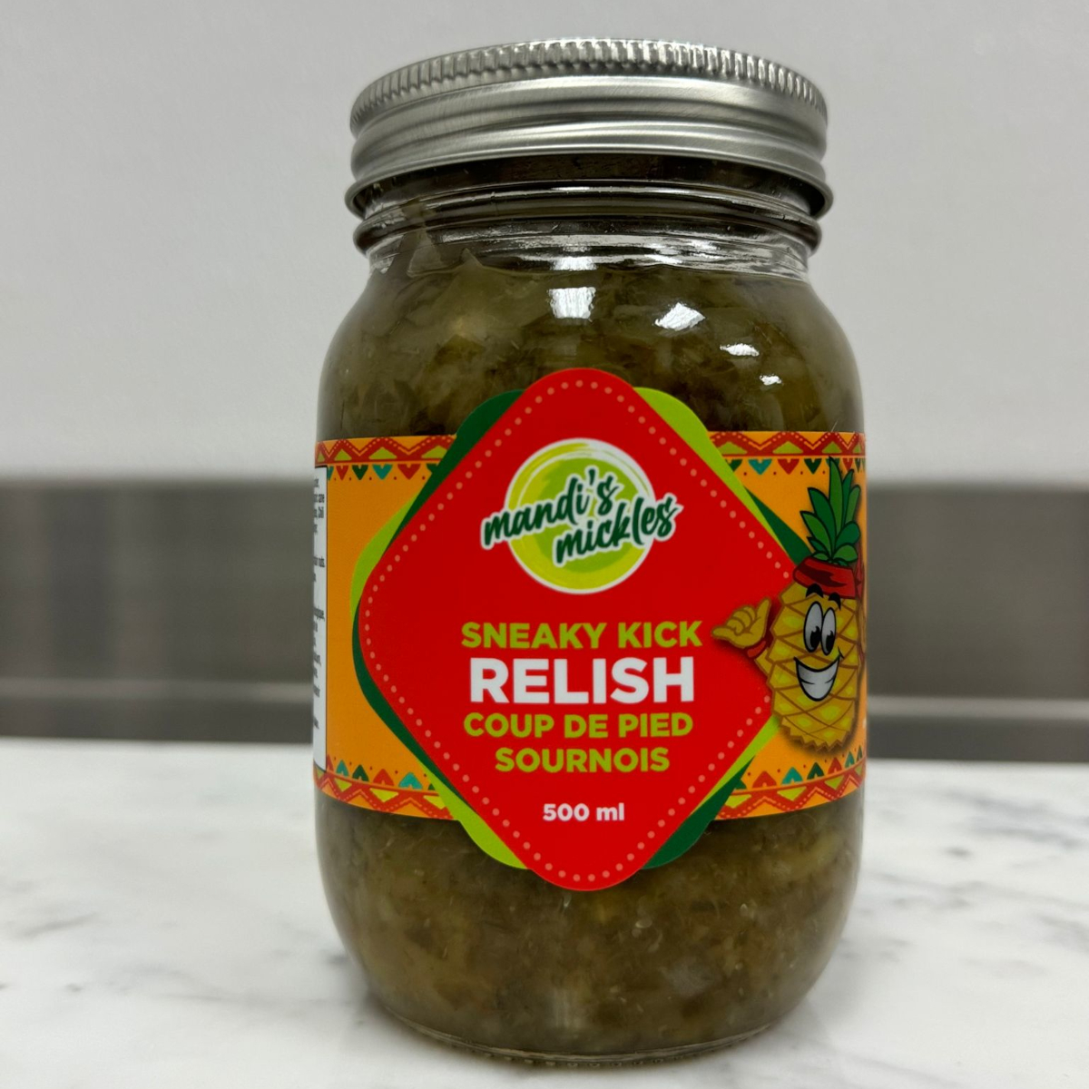 A jar of Sneaky Kick Relish from Mandi's Mickles