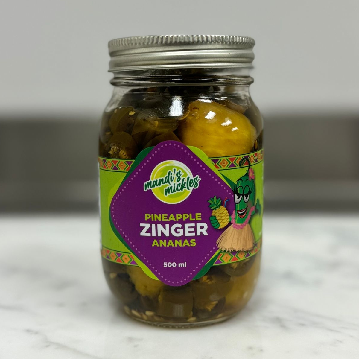 A jar of Pineapple Zinger from Mandi's Mickles