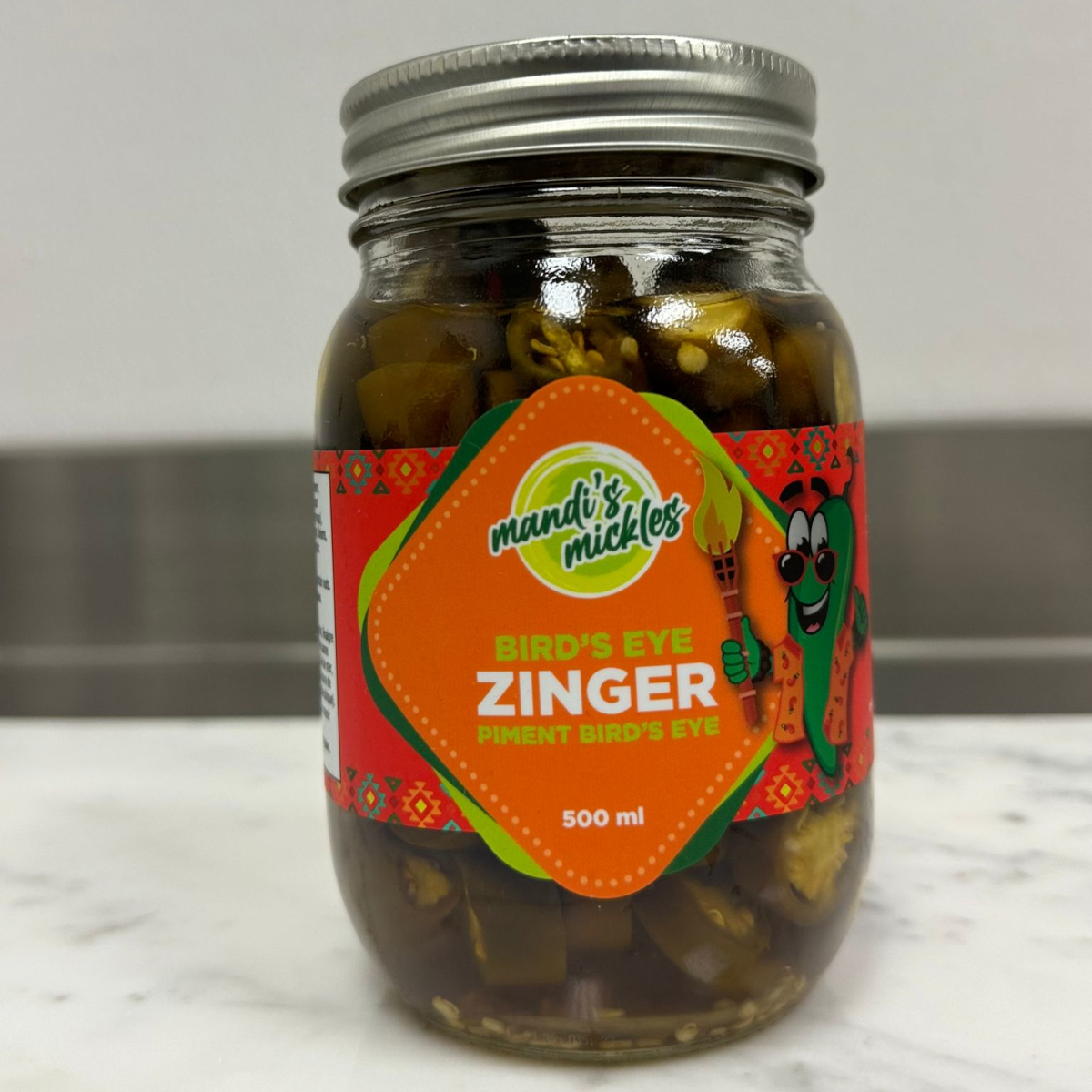A jar of Birds-Eye Zinger from Mandi's Mickles